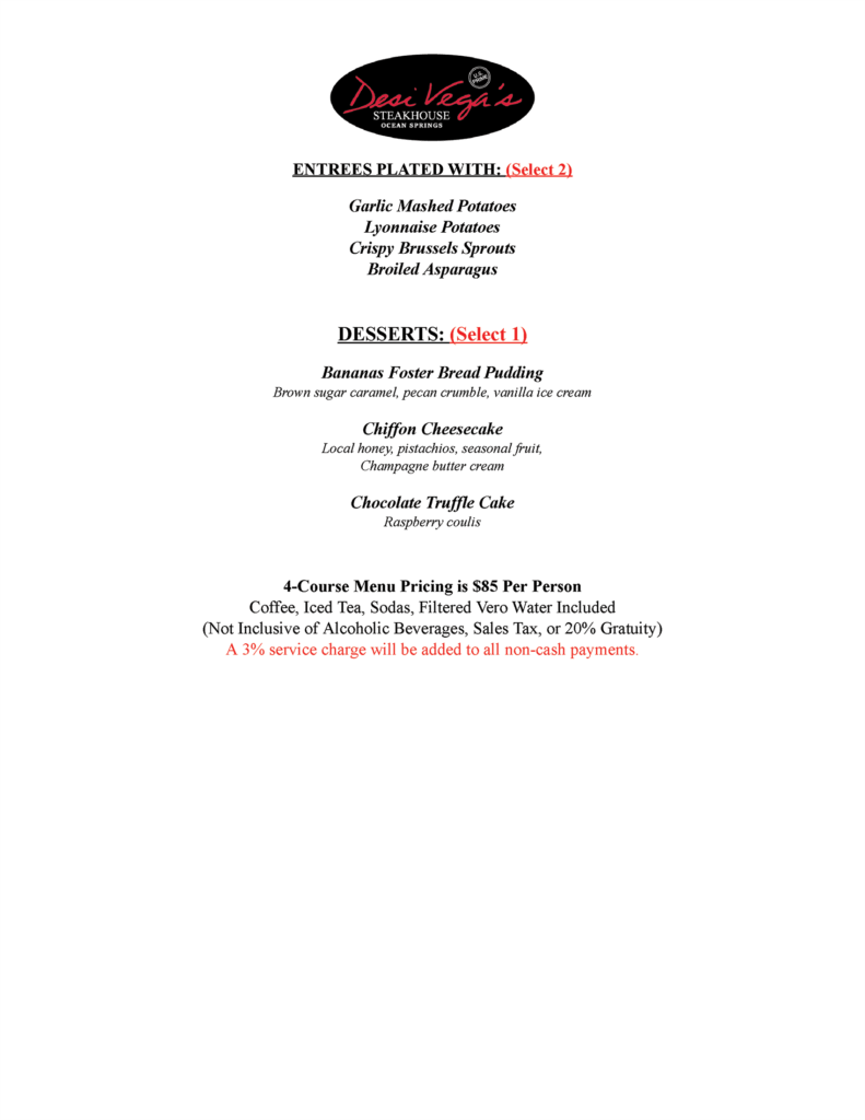 Private Dining 4 Course Set Menu – Desi Vega's Steakhouse – Ocean Springs